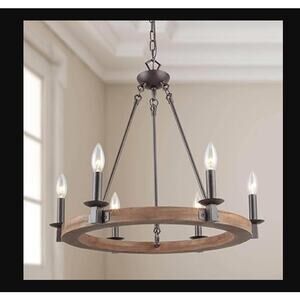 LNC Farmhouse Wagon Wheel 6Light Distressed Wood Circle Island Rustic Bronze NEW